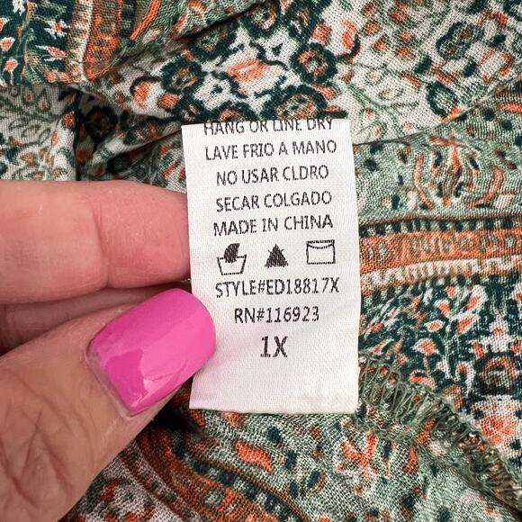 Easel Floral Earthy Geometric Babydoll Dress Sage Green Retro Flair Indie Sz 1X - Picture 11 of 11